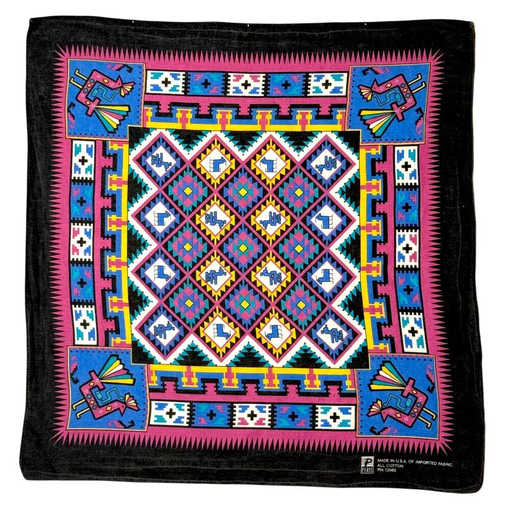 Vintage 90s Cotton Bandana Southwestern Native Aztec Scarf Handkerchief USA